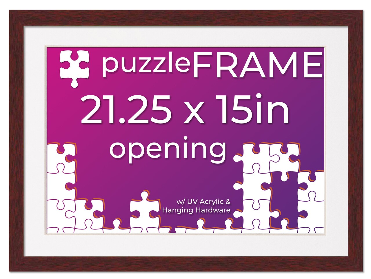 Brown Wood Puzzle Frame Kit with Glue Sheets, White Mat, Backing, UV Acrylic - Available in 20 Popular Sizes